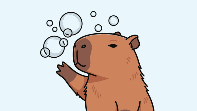 Cartoon Capybara Playing with Soap Bubbles.
