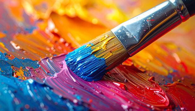 Paintbrush on colorful oil paint