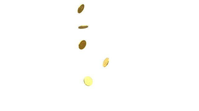 Indian rupees coins rain with Alpha Channel. Gold Coins Exploding Isolated on white Screen 3D. Gold Realistic 3D rupee coins exploding loop white background. 4k gold coins falling