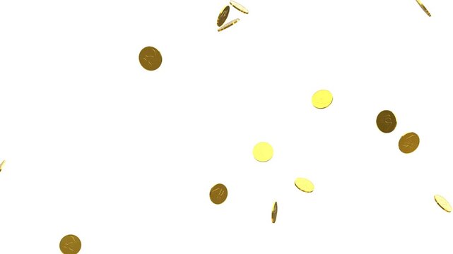 Indian rupees coins rain with Alpha Channel. Gold Coins Exploding Isolated on white Screen 3D. Gold Realistic 3D rupee coins exploding loop white background. 4k gold coins falling