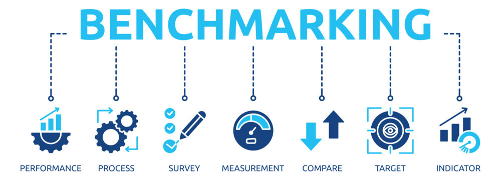 benchmarking glyph banner icon of performance, process, survey, measurement, compare, target, indicator