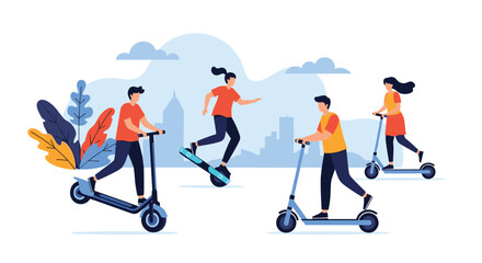 Fototapeta premium Active people using modern urban transportation like electric scooters and a unicycle in a stylized city environment with plants.