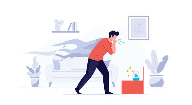 Sick man coughing in his living room with visible germs or smoke clouds, representing the spread of illness or virus in a domestic setting.