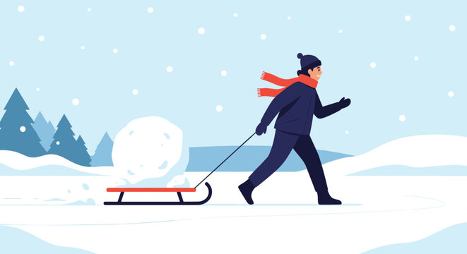 Man dressed in winter gear pulls a large snowball on a red sled through a snowy landscape with distant pine trees and clouds.