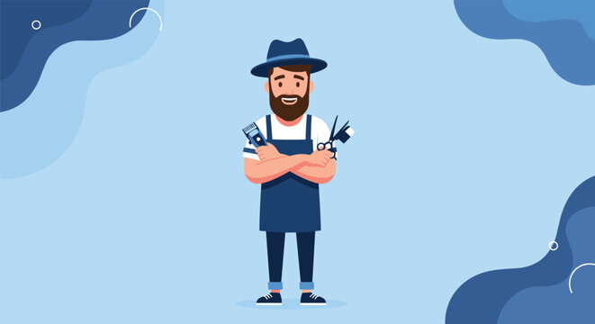 Professional male barber character standing with his arms crossed holding hair clippers and scissors against a stylized blue background design.
