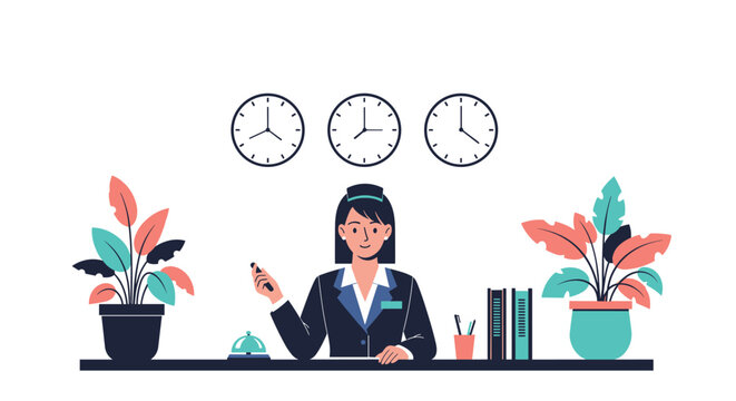 Friendly hotel receptionist standing behind a front desk with a call bell and plants under three clocks showing different world time zones.