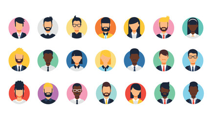 Fototapeta premium Large set of diverse male and female user avatars represented in colorful circular icons for social media or professional profiles.