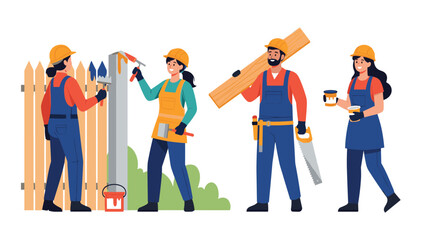 Obraz premium Professional construction crew of men and women painting a fence, carrying lumber, and preparing for a home renovation project together.