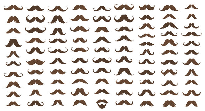 Extensive variety of brown mustache icons in different shapes and sizes for male grooming styles, character customization, and fashion design.