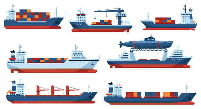 Collection of different types of cargo transport ships and specialized vessels for maritime logistics and underwater submarine delivery.