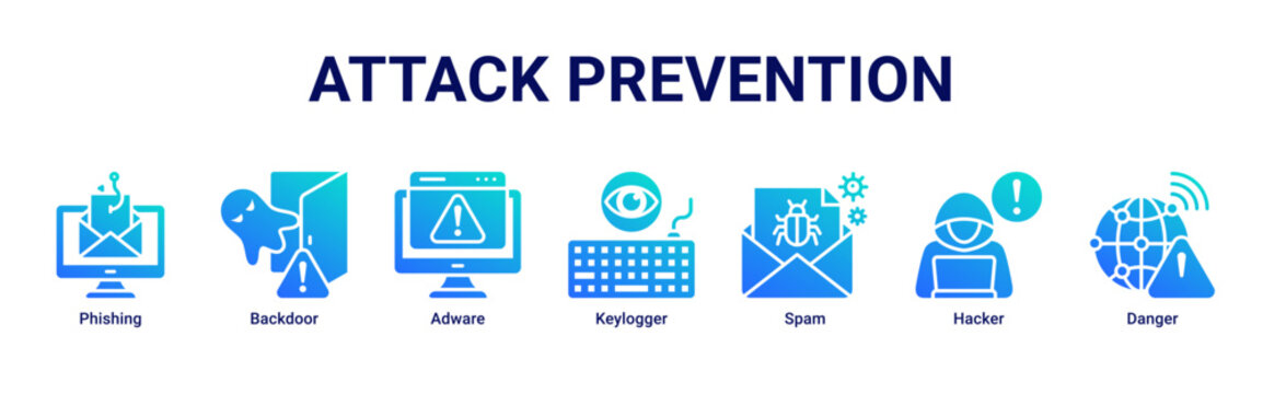 Attack Prevention web banner icon vector illustration with icons of Phishing,Backdoor,Adware,Keylogger,Spam,Hacker and Danger