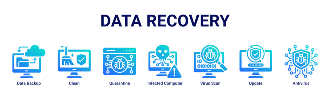Data Recovery web banner icon vector illustration with icons of Data Backup,Clean,Quarantine,Infected Computer,Virus Scan,Update and Antivirus