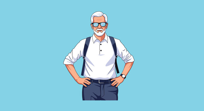Confident elderly man with a white beard and stylish glasses stands with his hands on his hips while wearing a backpack on a light blue background.