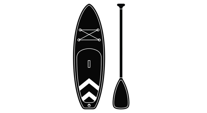 Black stand up paddle board and paddle depicted in a flat silhouette