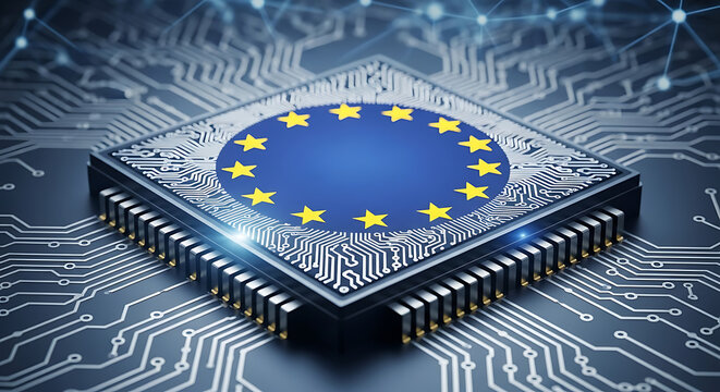 European Union Cyber Resilience Act CRA digital security legislation concept featuring a glowing microchip processor and circuit board pattern symbolizing cybersecurity protection laws.