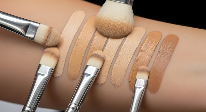Various foundation shades swatched on arm with makeup brushes