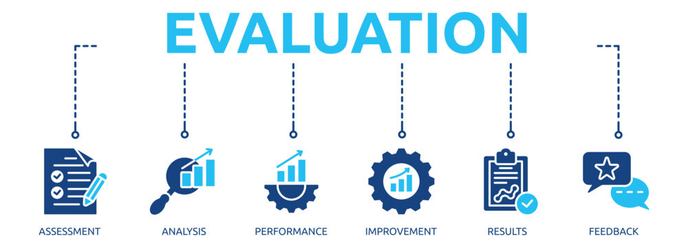 evaluation glyph banner icon of assessment, analysis, performance, improvement, results, feedback