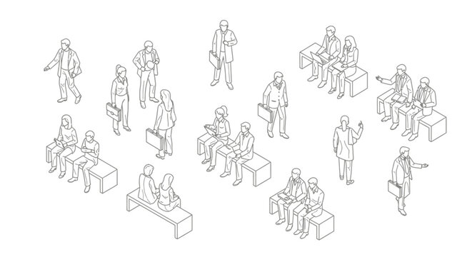 isometric line art of business people waiting for an interview networking and working in a corporate setting