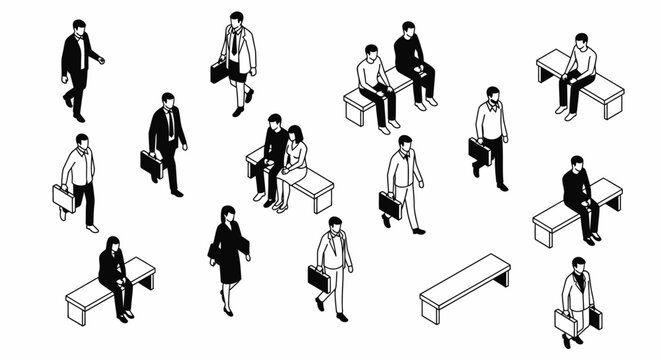 isometric set of business people in black and white featuring professionals walking commuting and sitting on benches.