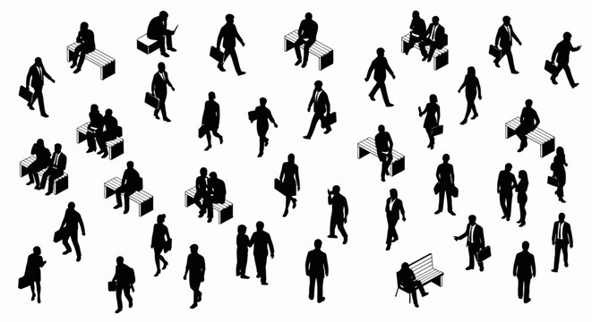 vector collection of isometric silhouette people in business attire walking sitting and working in an urban setting