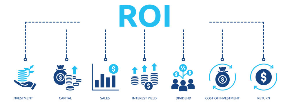 roi glyph banner icon of investment, capital, sales, interest yield, dividend, cost of investment, return