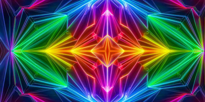  Geometrisches Neon-Kaleidoskop in leuchtenden Regenbogenfarben
