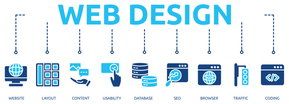 web design glyph banner icon of website, layout, content, usability, database, seo, browser, traffic, coding