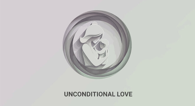 Abstract illustration of a mother holding her baby in a circular frame, representing unconditional love, maternal bond, and nurturing care