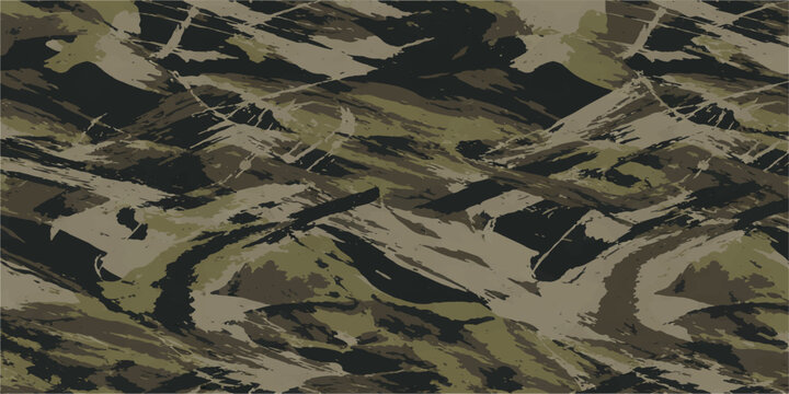 A seamless military camouflage pattern design features a green army textile texture with an aerial view of nature landscapes, rivers, and fields for a professional vector wallpaper illustration