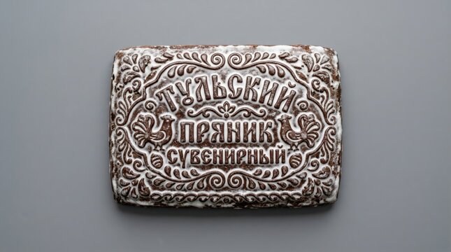 Traditional Tula gingerbread with russian text souvenir pryanik isolated on grey background