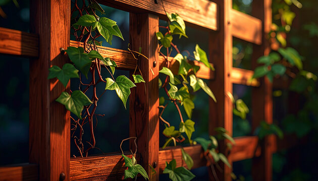 Close-up of green ivy vines growing on a wooden lattice in warm sunlight leaves