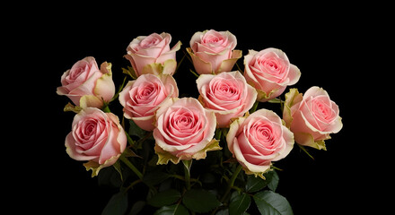 Fototapeta premium The captivating beauty of a lush bouquet of roses against a striking black background. A floral arrangement for a greeting card, shot from above. AI generated. 