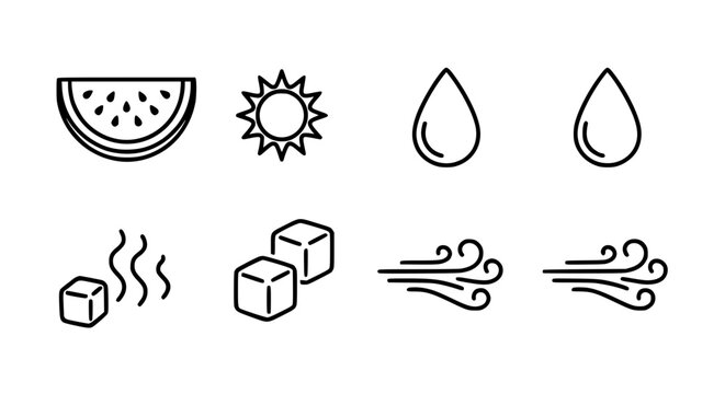 Weather and Nature Element Icon Set with Sun Water Drop Ice Cube and Wind in Clean Outline Style for Climate Design