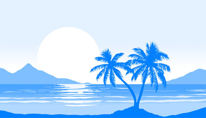 Obraz premium Tropical Beach Blue Sunset Illustration – Palm Tree Silhouette with Ocean Reflection, Mountain and Sun for Summer Travel Design, Coastal Landscape Art