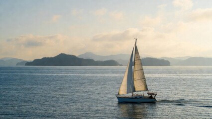 Fototapeta premium Sailboat under sunlit sails passing coastal islands at sea