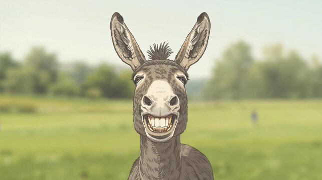 vintage-style sketch of a donkey with a wide grin and exaggerated teeth,  The donkey's playful, mischievous expression 