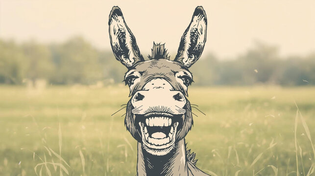 vintage-style sketch of a donkey with a wide grin and exaggerated teeth,  The donkey's playful, mischievous expression 