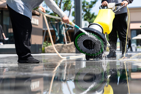 Workers are cleaning the city streets