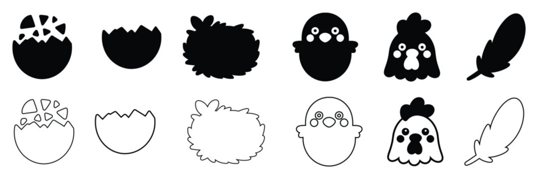 Black and white illustration set of cute cartoon chicken hatching from egg