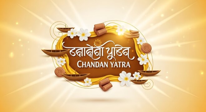 Chandan yatra festival logo with boats, flowers, sandalwood sticks.