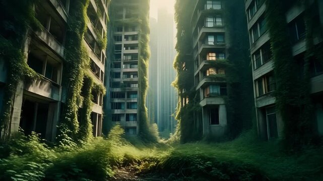 Abandoned buildings stand amidst overgrown greenery in a desolate urban landscape.
