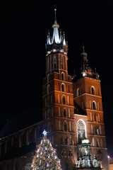 Obraz premium Illuminated brick towers of historic Gothic church against dark night sky. Architectural landmark cityscape heritage tourism destination view