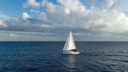 Obraz premium Sailboat navigating open ocean beneath dramatic cloud sky