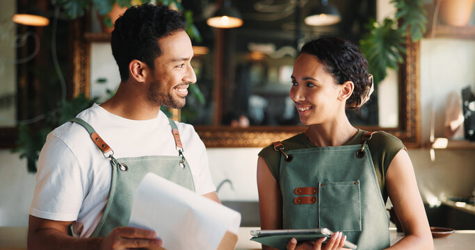 People, florist and tablet with clipboard at store for research, online order and inventory management. Smile, team and digital with checklist for stock update, catering pricing and floral delivery