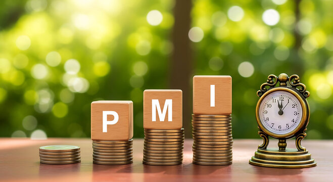PMI growth concept with stacked coins blocks and clock for investment return