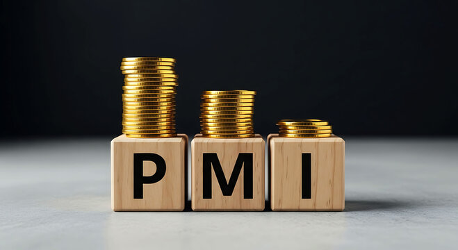 PMI concept with stacked gold coins on wooden blocks financial growth idea stock