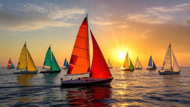 Colorful sailboats sailing at sunset in open sea regatta