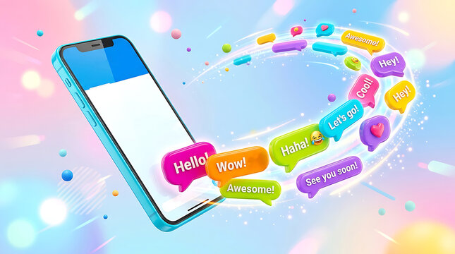 A smartphone with a white screen surrounded by colorful speech bubbles on a vibrant background