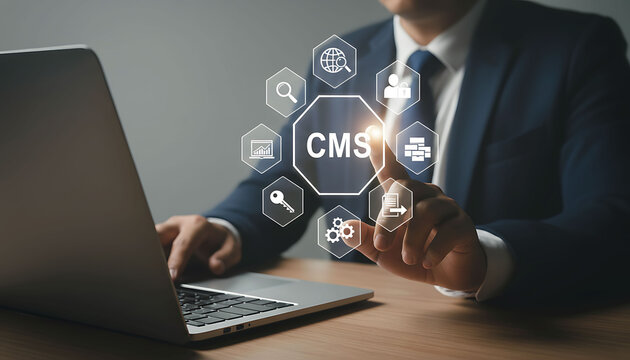 Businessman using CMS content management system on laptop interface digital webs