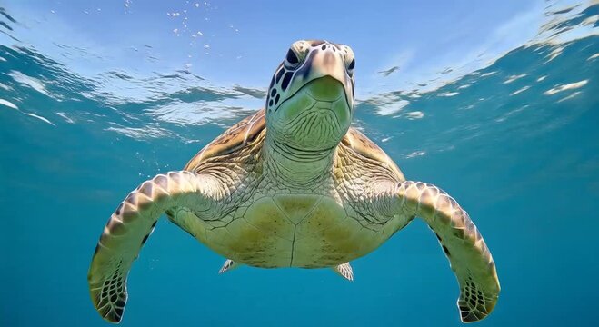 underwater sea turtle glides toward camera in clear blue ocean